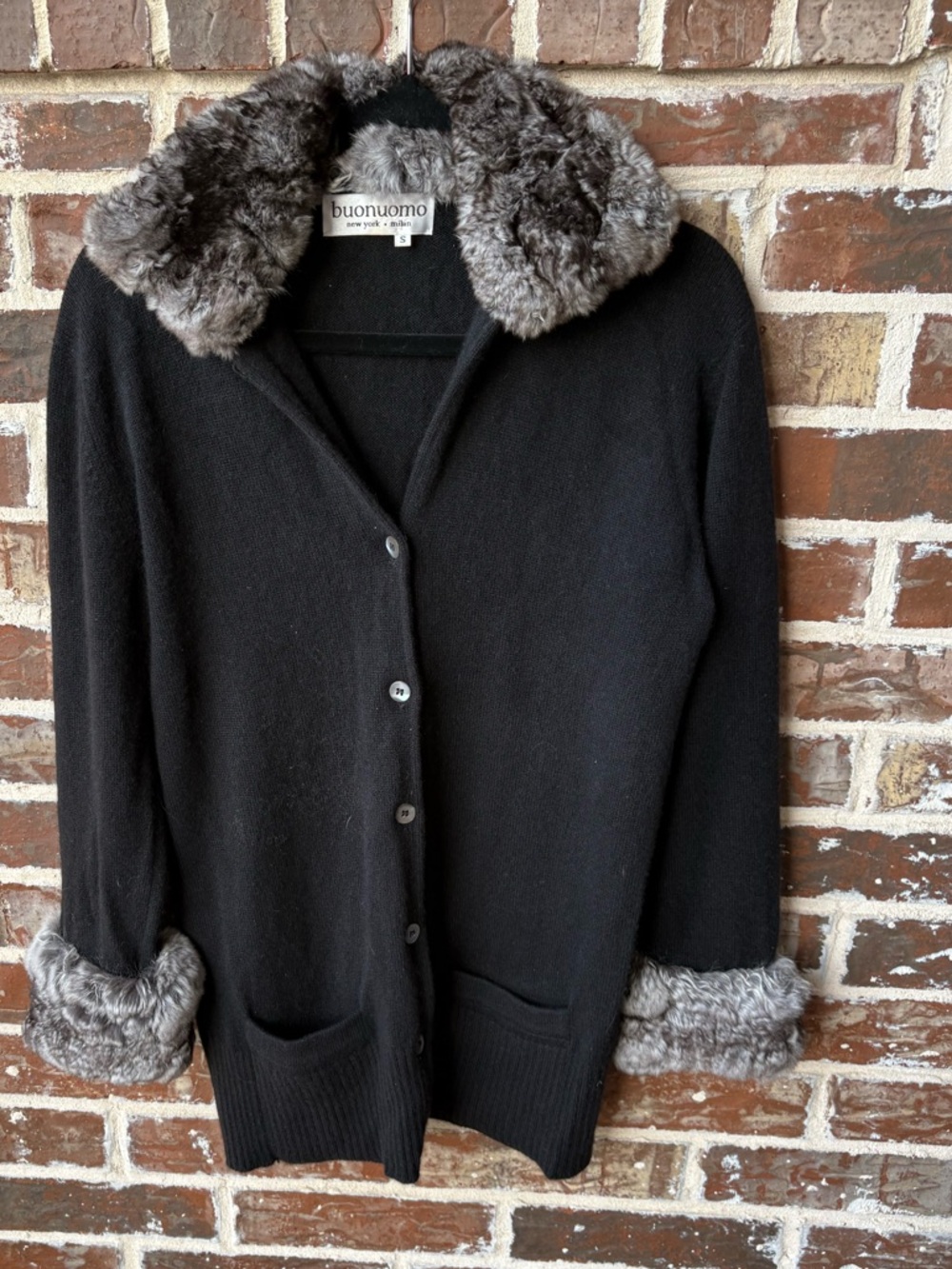 Buonuomo Black 100% Cashmere Faux Fur Trim Cardigan Size Small